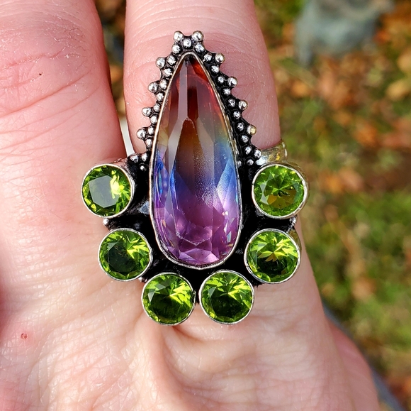 New Bi-Color Tourmaline & Peridot 925 Silver Ring. - Picture 2 of 12